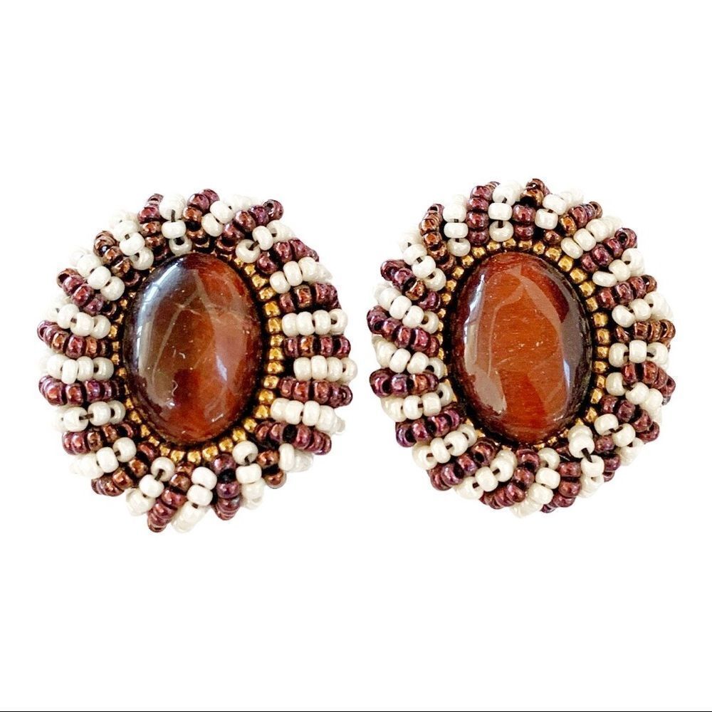 Vtg Polished carnelian hand beaded pierced earrings pearl gold copper glass bead